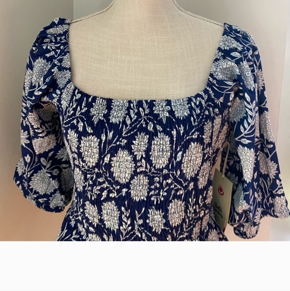XL Mata Traders Theodora Blue White Ruched Top - Picture 2 of 4